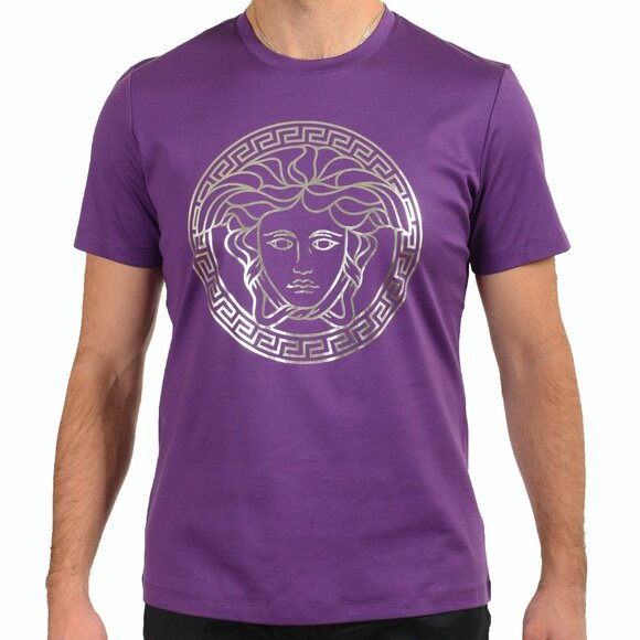 Versace Men's Purple & Silver Medusa Logo Print Short Sleeve T-Shirt US M IT 50 - Picture 1 of 6